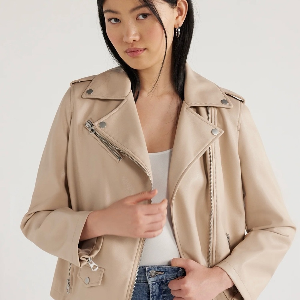 {Scoop} Beige Teddy-Style Moto Jacket - Women - Large